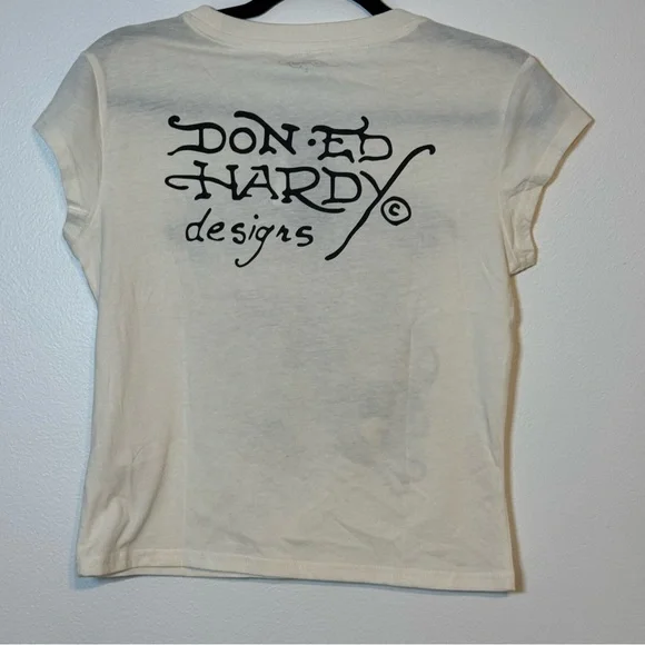 ED HARDY Love Kills Slowly Skull Womens Cap Sleeve Tee Large Ivory NWT - Picture 4 of 10